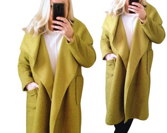 Ladies Boucle Coatigan, Cosy Lime Duster Coat, Womens Waterfall Front Jacket, Made In Italy Clothing