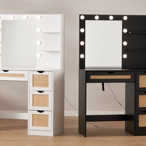  Moderno tocador de madera maciza con espejo de maquillaje LED,  mesa de tocador con dos cajones grandes y 1 cajón pequeño, para dormitorio  : Hogar y Cocina
