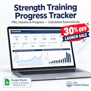 May include: A laptop displaying a Strength Training Progress Tracker dashboard on its screen. The interface shows data metrics including total workouts, sets, reps, volume, and charts for monthly training volume and workout frequency in blue and white.
