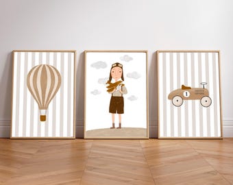 Vintage Nursery Prints: Hot Air Balloon, Pilot, Retro Car (Set of 3) (Digital Download)
