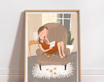 Cozy Reading Nook Art Print: Hygge Book Lover Illustration (Digital Download)