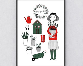 My Garden Art Print, Girl with Flowers, Greenhouse Illustration