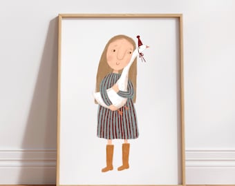 Stampa con ragazza e oca, stile scandinavo per la cameretta dei bambini.