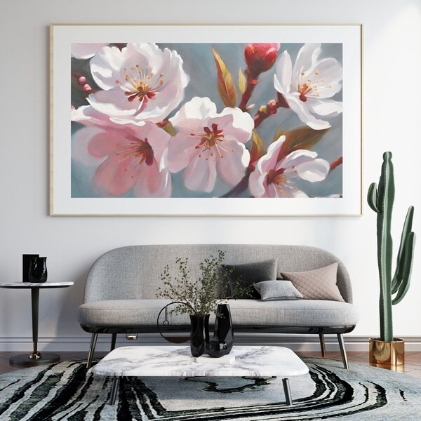 Cherry blossom olieverf schilderij, Bloemen Kunst, Muur Decor, Retro Vintage Boho, Cottagecore, Natuurlijke kleuren