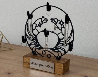 Zodiac jewelry hanger, cancer astrology sign, wooden display stand, jewelry holder, earring organizer, gift for mom, zodiac gift