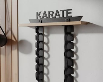 Percha para cinturón de karate, organizador de cinturón de metal, estante de madera para trofeos deportivos, soporte para premios