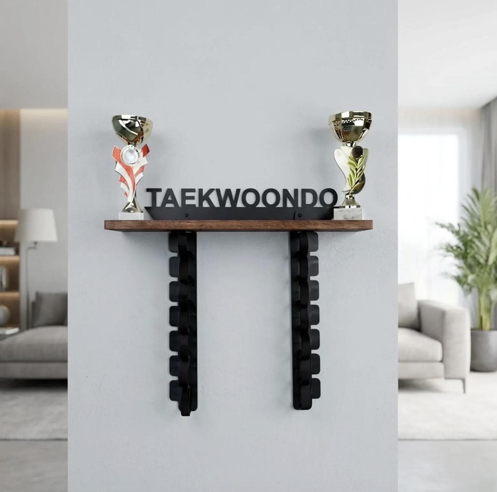 Taekwondo belt holder with trophy shelf, wall mounted martial arts rank organizer kids bedroom