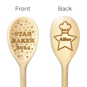May include: Wooden spoon with the text "STAR BAKER 2024" and stars engraved on the front. The back of the spoon has a star with a chef's hat and the name "Alice" engraved.