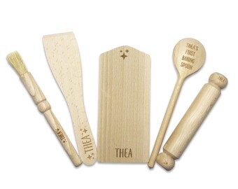 Personalised Kids Wooden Baking Set | Custom Name Utensil Kit | Mini Rolling Pin & Spoon | Child Baking Gift | Play Kitchen Toy