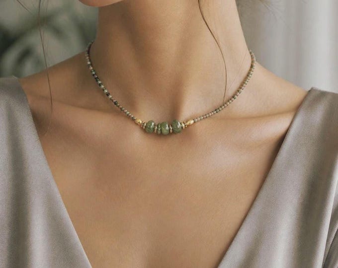 Short necklace with green and multicolored natural stones | Tourmaline | Delicate gold-tone women's necklace | Handmade jewelry