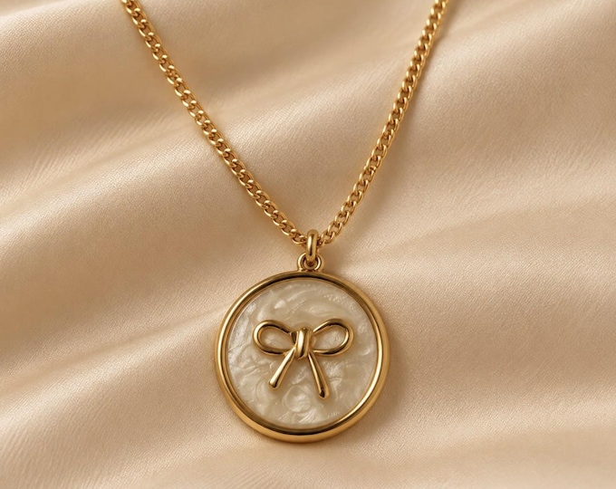 Gold necklace with mother-of-pearl bow pendant, elegant women's necklace, romantic jewelry, chic necklace, gift idea for women