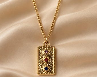 Gold-tone hammered rectangular pendant necklace with colorful stones, chic women's jewelry, elegant necklace, gift idea