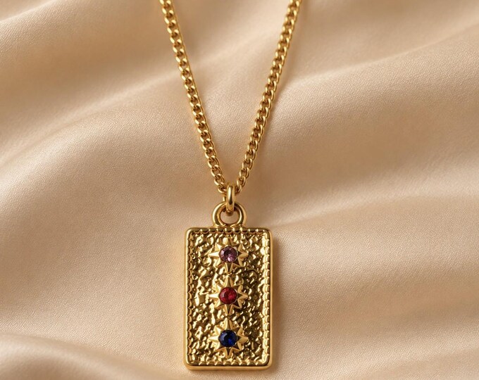 Gold-tone hammered rectangular pendant necklace with colorful stones, chic women's jewelry, elegant necklace, gift idea