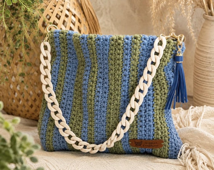 Handmade green and blue striped crochet bag - Women's shoulder bag - Acrylic chain strap - Boho chic cotton rope bag -