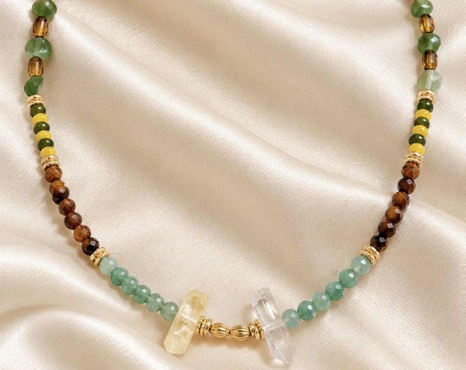 Necklace made of natural green and pink pearls, boho chic jewelry, handmade necklace, natural stone, gift for women, elegant jewelry