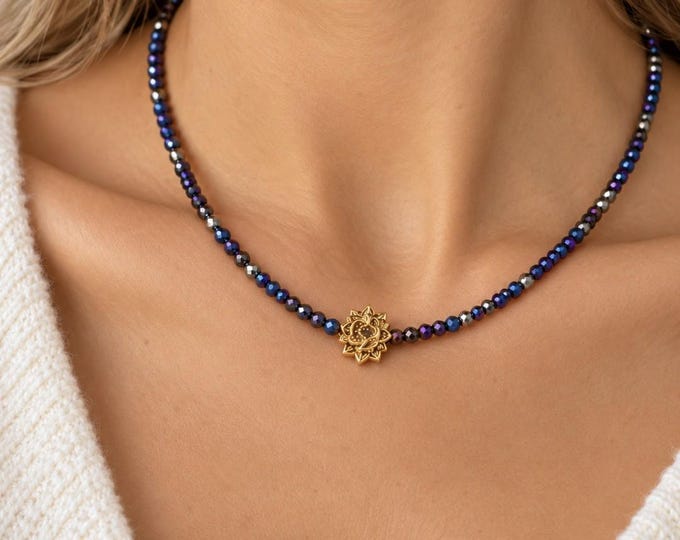 Midnight blue and gold choker necklace, faceted glass beads, stainless steel lotus flower pendant, boho chic women's jewelry