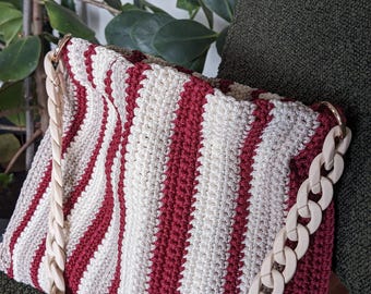 Beige and burgundy striped crochet bag, handmade - Women's shoulder bag - Acrylic chain strap - Boho chic cotton rope bag