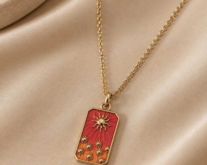 Gold Boho Sun Necklace | Red and Orange Resin Rectangle Pendant | 18K Gold Plated 316L Stainless Steel Chain | Women's Jewelry