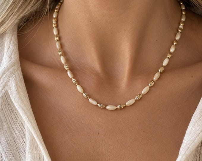Beige Natural Shell Beaded Necklace | Boho Chic Gold Necklace | 18K Gold Plated Wavy Beads | Elegant Women's Jewelry