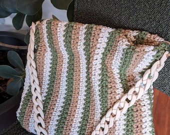 Handmade striped crochet bag - Women's shoulder bag - Acrylic chain strap - Boho chic cotton rope bag -