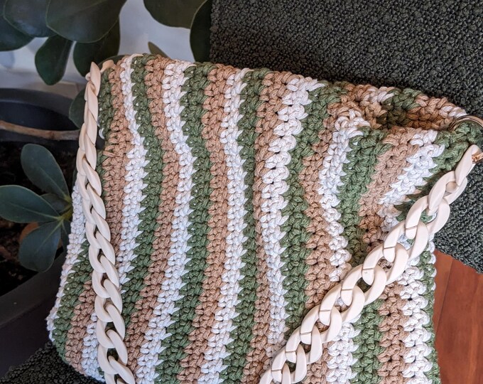 Handmade striped crochet bag - Women's shoulder bag - Acrylic chain strap - Boho chic cotton rope bag -