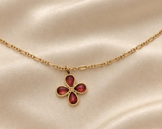 Red and gold flower necklace. Chic and elegant women's jewelry. Gift for women