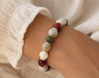 Multicolored beaded bracelet in green, burgundy, and ivory – elastic women's bracelet – handmade boho chic jewelry