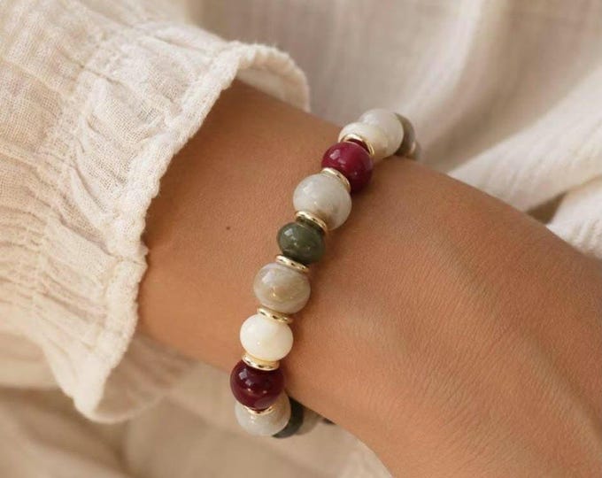 Multicolored beaded bracelet in green, burgundy, and ivory – elastic women's bracelet – handmade boho chic jewelry