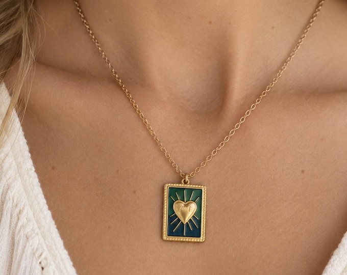 Blue heart necklace in gold-plated stainless steel | Rectangular epoxy resin pendant | Heart and sun jewelry for women | Boho chic necklace