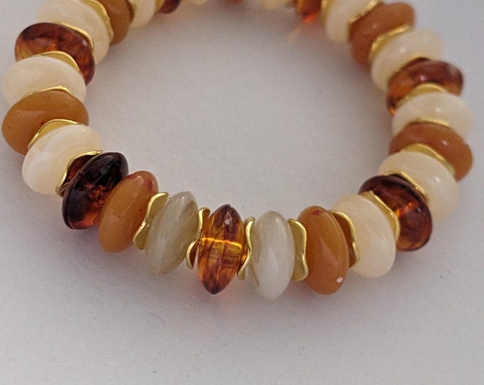 Amber and Ivory Beaded Bracelet | Gold Boho Chic Bracelet | Colorful Women's Jewelry | Handmade Elastic Bracelet