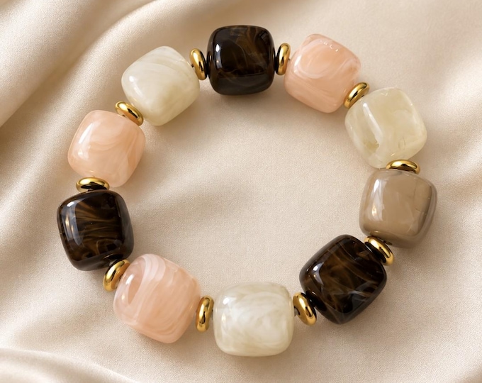 Beige, pink and brown marbled resin bead bracelet | Handmade boho jewelry for women