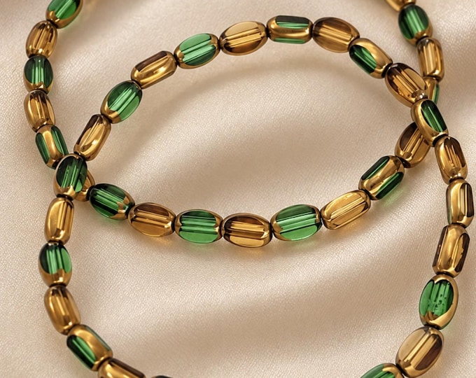 Set of two green and gold glass bead bracelets | Matching women's bracelets | Faceted beads | Handmade boho chic jewelry