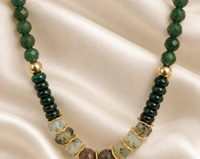Natural Green and Pink Stone Necklace – Gold Boho Chic Necklace – Birthday Gift
