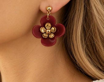 Burgundy and gold flower earrings, women's drop earrings, chic floral jewelry, fashion earrings