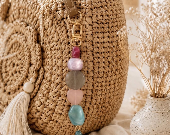 Pastel blue and pink beaded keychain | Handmade women's bag charm | Boho accessory