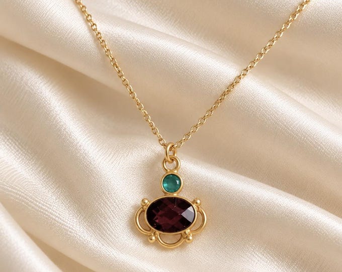 Delicate Garnet & Green Onyx Necklace – 24-karat Gold Plated – Refined – Boho Chic