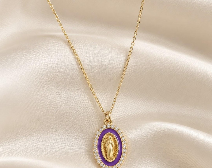 Stainless steel necklace - 18k gold-plated brass religious pendant with enamel - Christian medal - Spiritual jewelry -