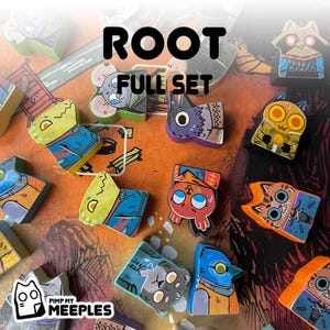 May include: A collection of colorful, illustrated wooden game pieces from the Root board game. The pieces feature various animal characters with unique designs and the text "ROOT FULL SET". The pieces are arranged on a patterned orange surface.
