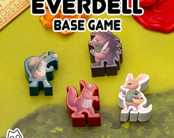 May include: Image of Everdell Base Game components. Includes a turtle, squirrel, hedgehog, and mouse meeples. The text "EVERDELL BASE GAME" is displayed in large, bold letters. The meeples are on a green surface.