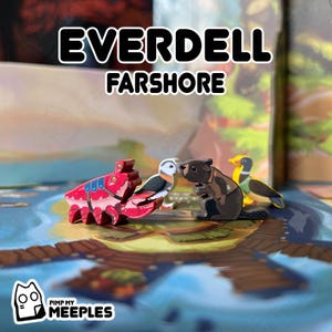 May include: The board game Everdell: Farshore is shown with wooden game pieces. A red crab, a black and white bird, a brown beaver, and a yellow and green duck are featured. The game's title is written in white letters.