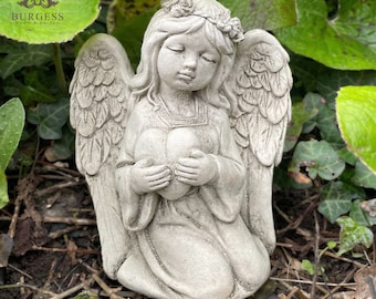 Statue d'ange divin de jardin en pierre | Chérubin fée Cupidon commémoratif extérieur fille enfant sculpture ailes ornement cadeau