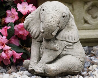 Sitting Elephant Stone Statue | Outdoor Garden Ornament African Trunk Down Animal Decoration British Gift