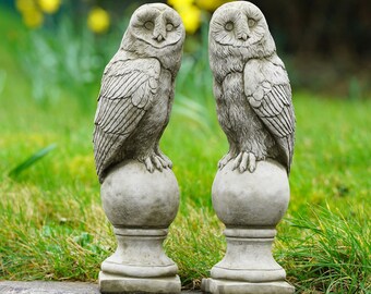 Pair of Barn Owl Finials Stone Statues | British Wildlife Outdoor Stone Bird Garden Ornament Architectural