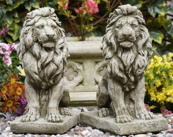 Pair of Lion Statues | Stone Statue Large Lions Decorative Country Ornamental English Garden Animal Ornament