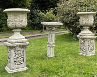 Pair of XL Acanthus Urns + Plinths | Outdoor Garden Architectural Planter Urn Trough Flower Pot Antique Style Ornament English British