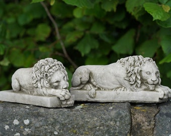 Pair of Canova Lion Stone Statues | Sculpture Italian Classical Animal Kingdom Safari Outdoor Garden Decorative Door Gate Drive Ornament