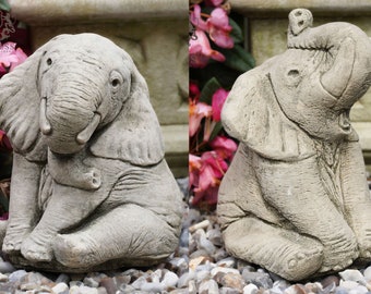 Set of 2 Elephant Stone Statues | Pair Elephants Outdoor Garden Ornament African Trunk Down Animal Decoration British Statue Gift