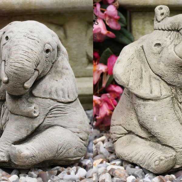 Set of 2 Elephant Stone Statues | Pair Elephants Outdoor Garden Ornament African Trunk Down Animal Decoration British Statue Gift