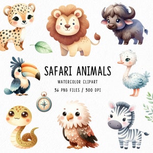 Animales Safari, Imágenes Prediseñadas de aventura en la jungla, Lindo paquete de imágenes prediseñadas Safari, Tour Safari en acuarela, Safari lindo, Animales en acuarela PNG