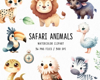 Safari Tiere, Dschungel Abenteuer Clipart, Süße Safari Clipart Bundle, Aquarell Safari Tour, süße Safari, Aquarell Tiere PNG